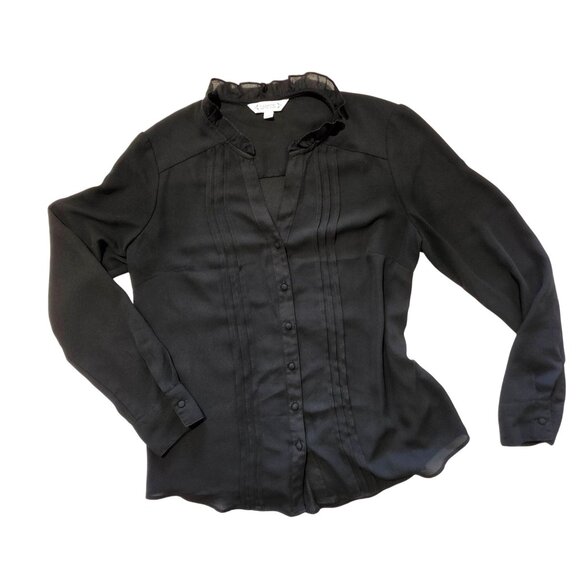 Nanette Lepore Black Button Down Top Small Ruffle Pin Long Pleat Goth Classic - Picture 1 of 6
